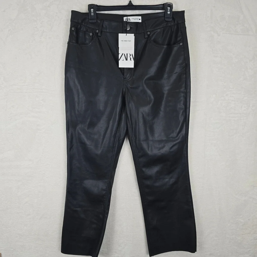 NWT Zara The Dreed Pant Black Faux Leather High Rise Cropped Flared Womens 10